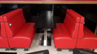 2 x red faux leather upholstered benches with chrome pedestal table 1200mm (benches are drilled to