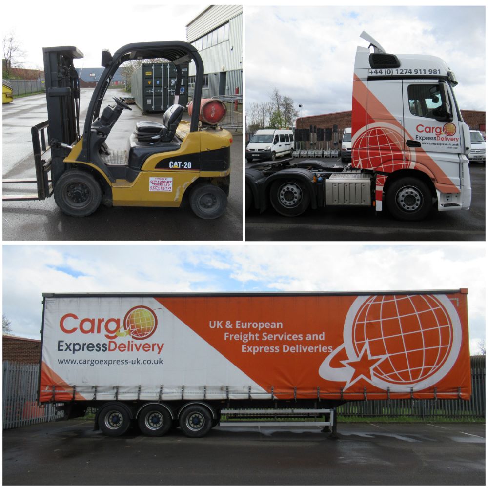 A Mercedes Tractor Unit, A Lawrence David Tri-Axle Curtain side Trailer and A Caterpillar CAT-20 LPG Forklift