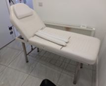 White Therapy Bed with Mobile Stool and Shelving Unit