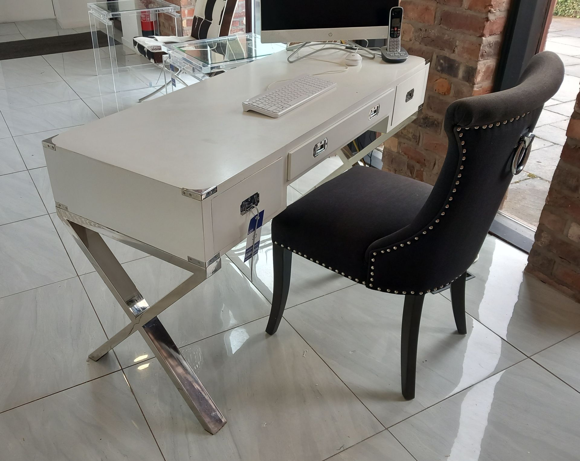 White Desk with Chrome Legs (1400 x 550) with Cushion Chair
