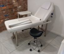 White Therapy Bed with Mobile Stool and Shelving Unit