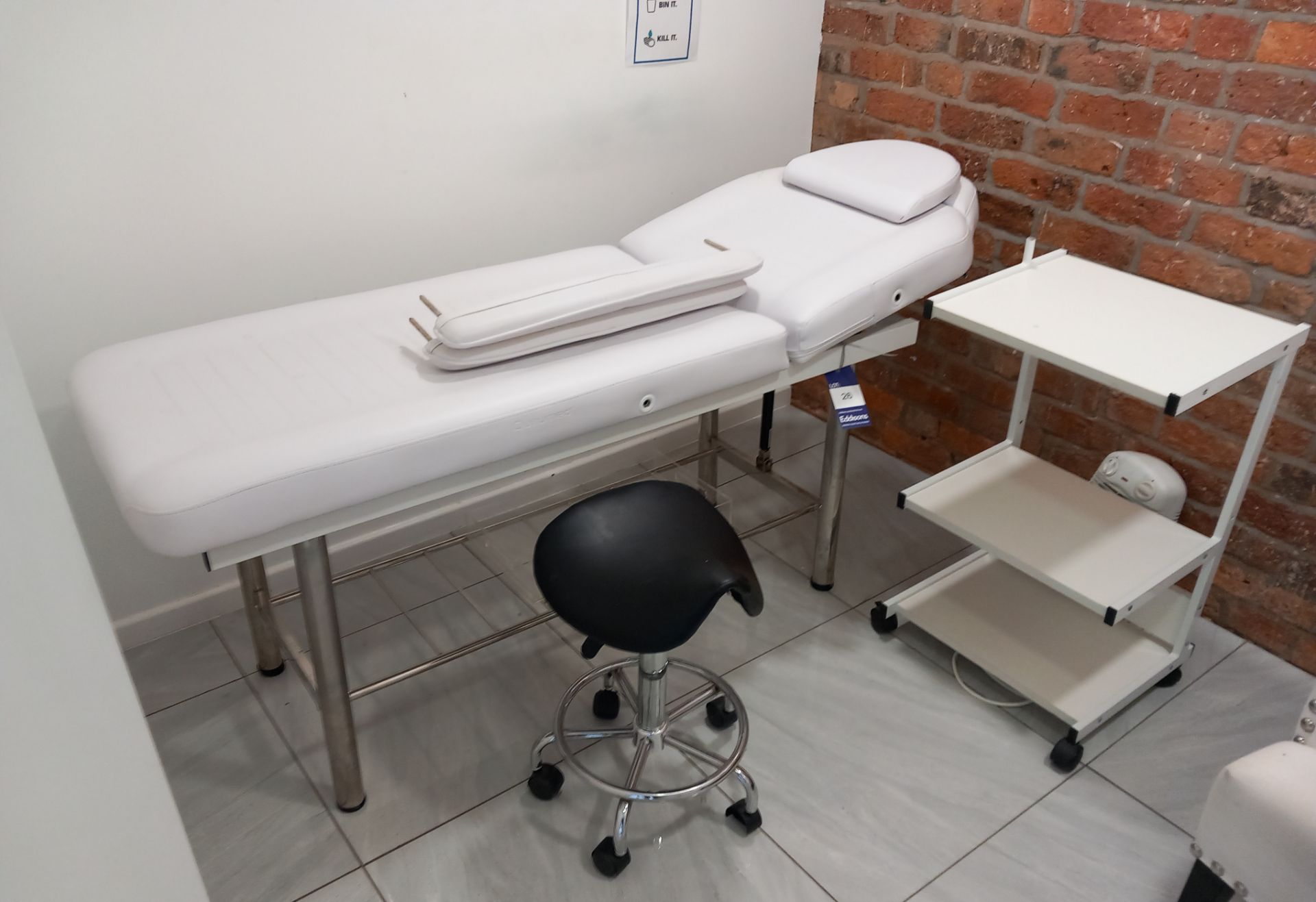 White Therapy Bed with Mobile Stool and Shelving Unit