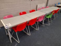 2 x Large plastic tables, with 12 x various coloured plastic chairs (Location – Prudhoe)