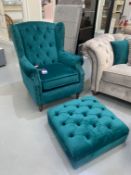 Teal Velvet Wing Back Armchair and Footstool