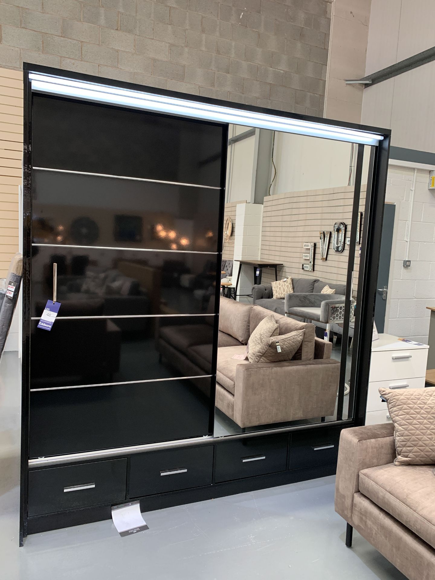 Sliding Door Black & Mirror Wardrobe with LED Lighting