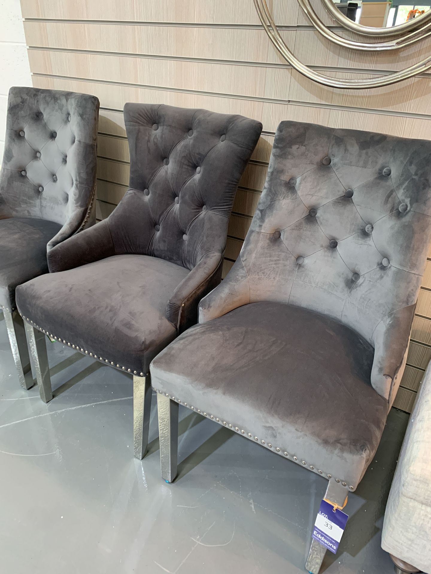 Pair of Grey Velvet Dining Chairs and a Similar Darker Grey Dining Chair (3) - Image 3 of 3