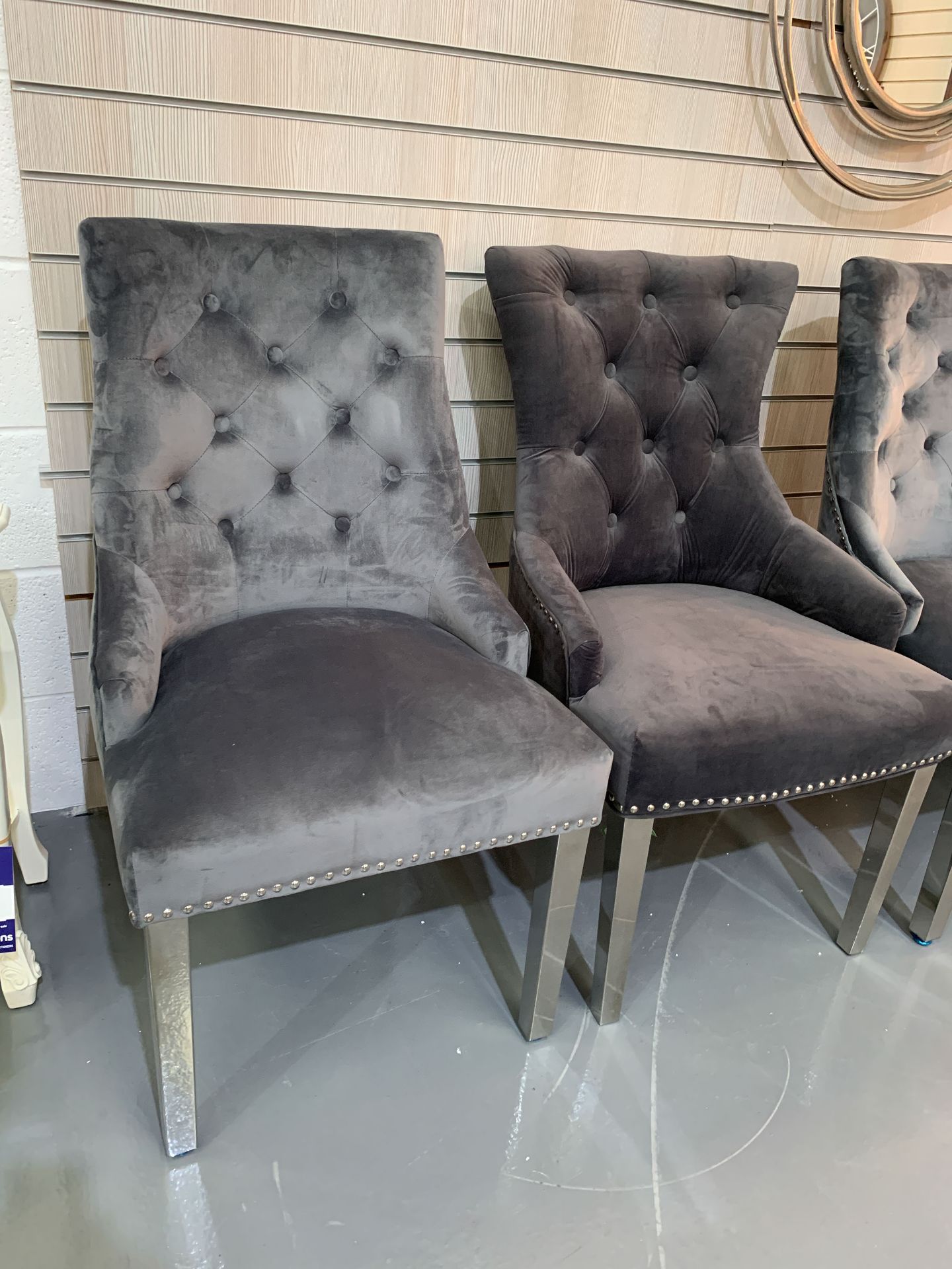 Pair of Grey Velvet Dining Chairs and a Similar Darker Grey Dining Chair (3) - Image 2 of 3