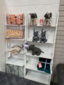 2x Leaning Wall Shelves, Doorstops, Cushions, Throws