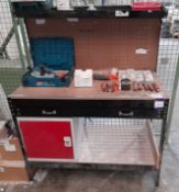 Lightweight engineering workbench, with overhead shelf, and single drawer (1200 x 600)