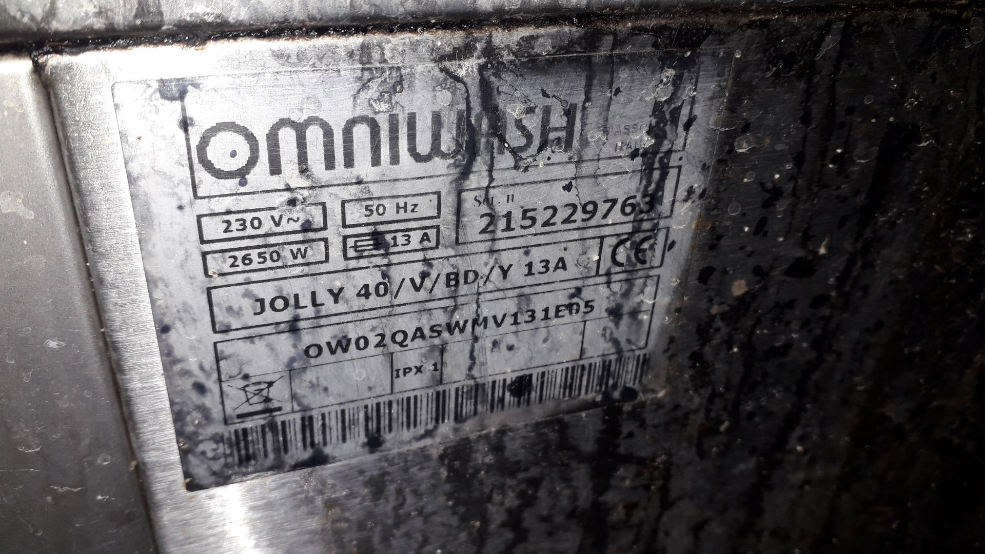 Omniwash Jolly40 Stainless Steel Commercial Undercounter Glasswasher Serial number 215229763 and - Image 3 of 4