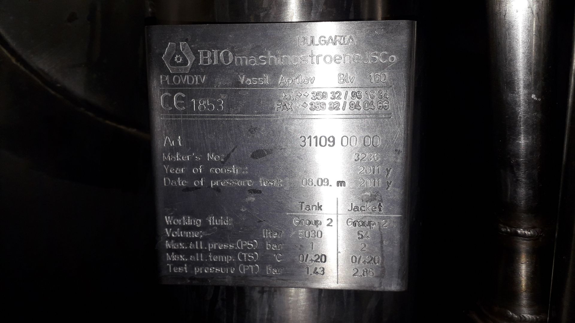 Bio Mashinostroene JSO 5,030Ltr Fermentation Vessel (2011) Serial Number 3236 - Viewing strongly - Image 4 of 4