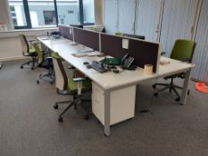 6 Bay workstation to include 6 x desks (1600x800) 6 x office chairs, 3 Privacy screens, 6 x