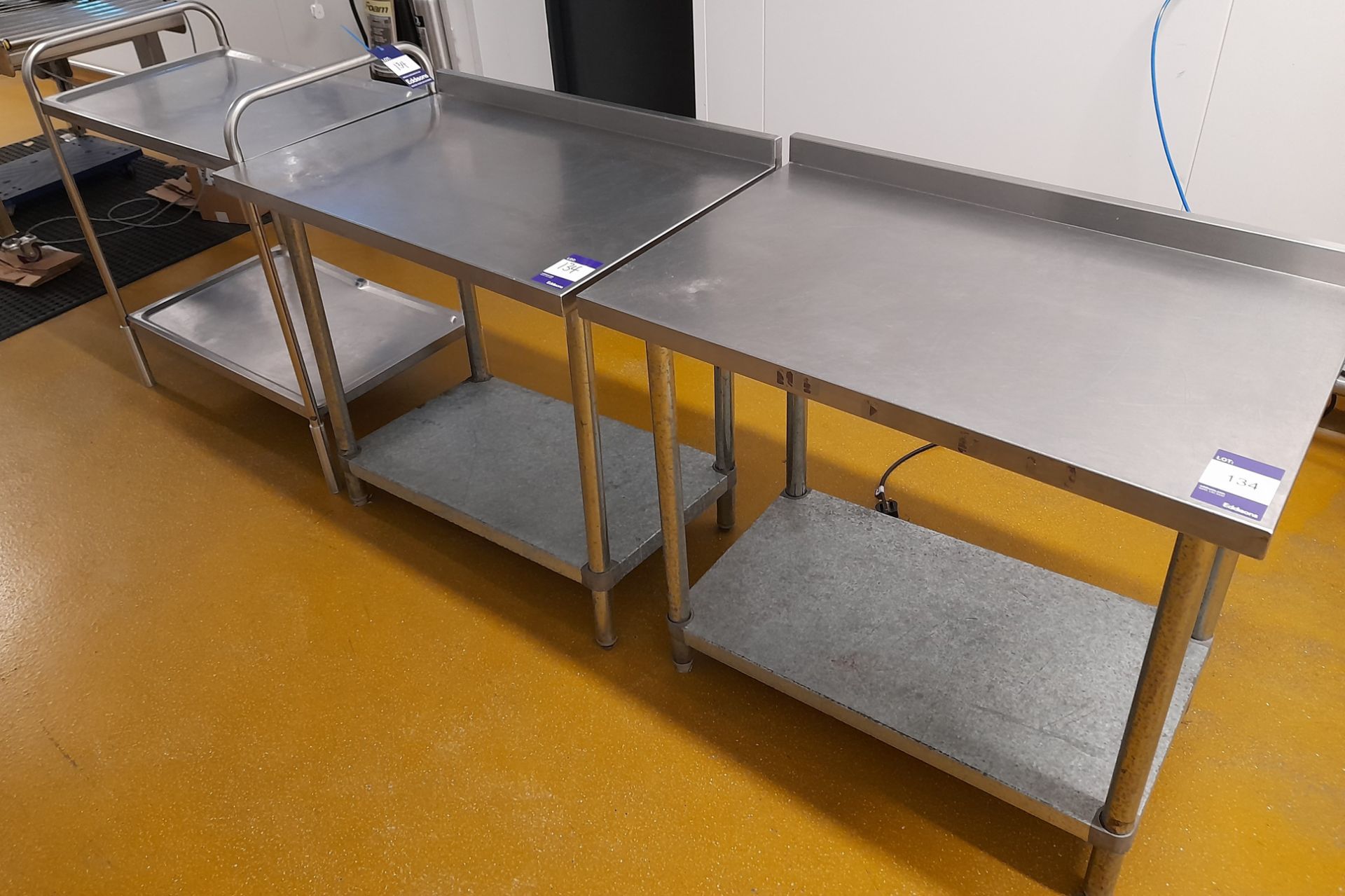 2 x Stainless Steel prep tables (900 x 600), with 2 tier stainless steel shelf unit (800 x 500)