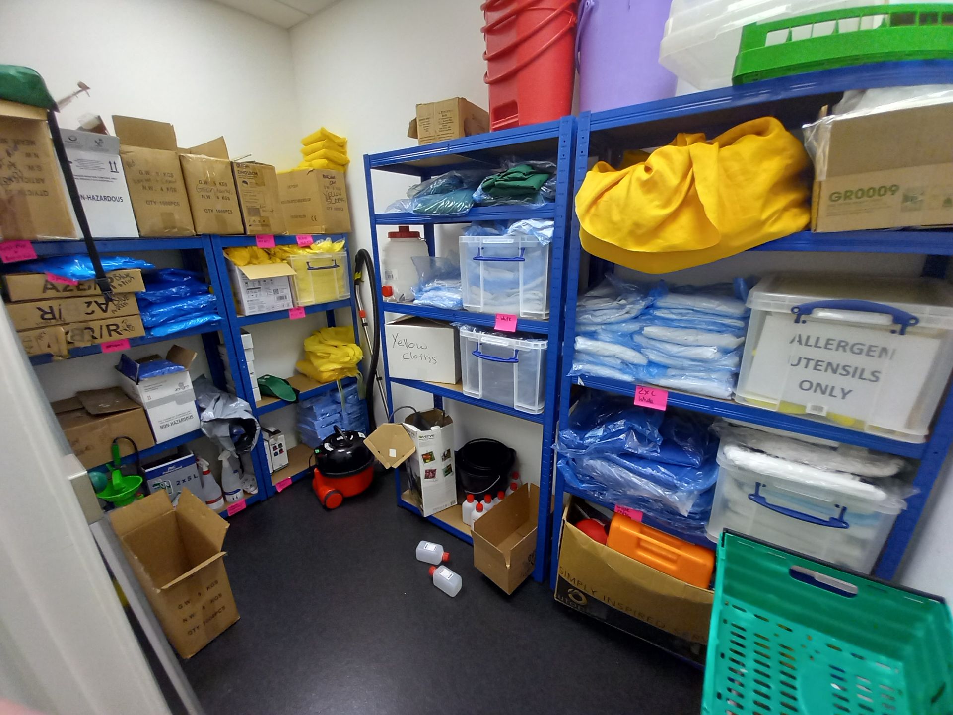 Contents to cleaning store room to include vacuum, aprons, hair nets, buckets, wipes, cloths etc.