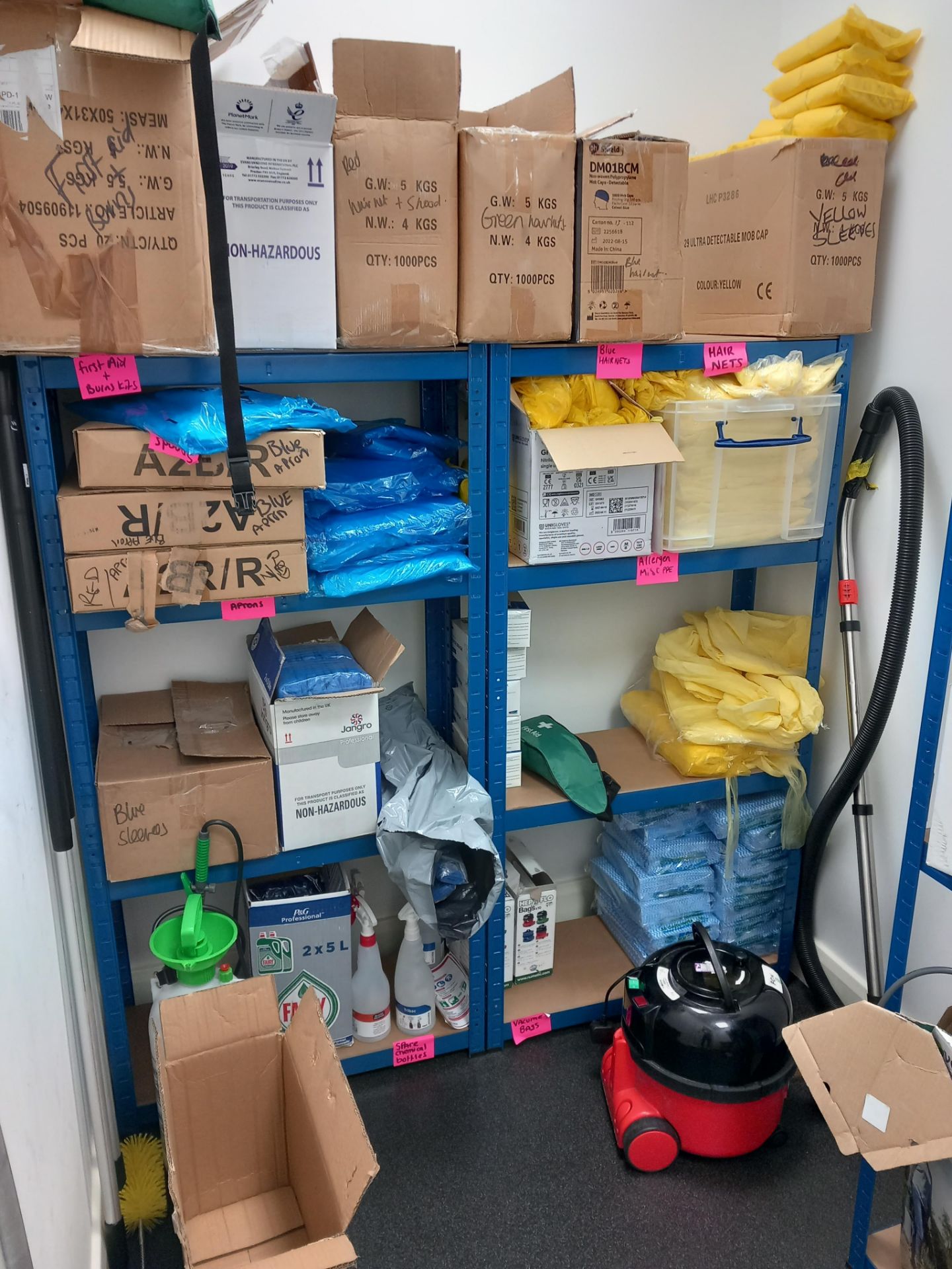 Contents to cleaning store room to include vacuum, aprons, hair nets, buckets, wipes, cloths etc. - Image 4 of 4