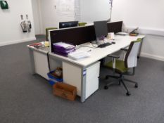 4 bay workstation to include 4 x desks (1600x800) 2 x office chairs, 2 x privacy screens, 4 x