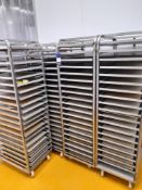 6 x Stainless steel mobile oven racks with 20 x stainless steel mono trays