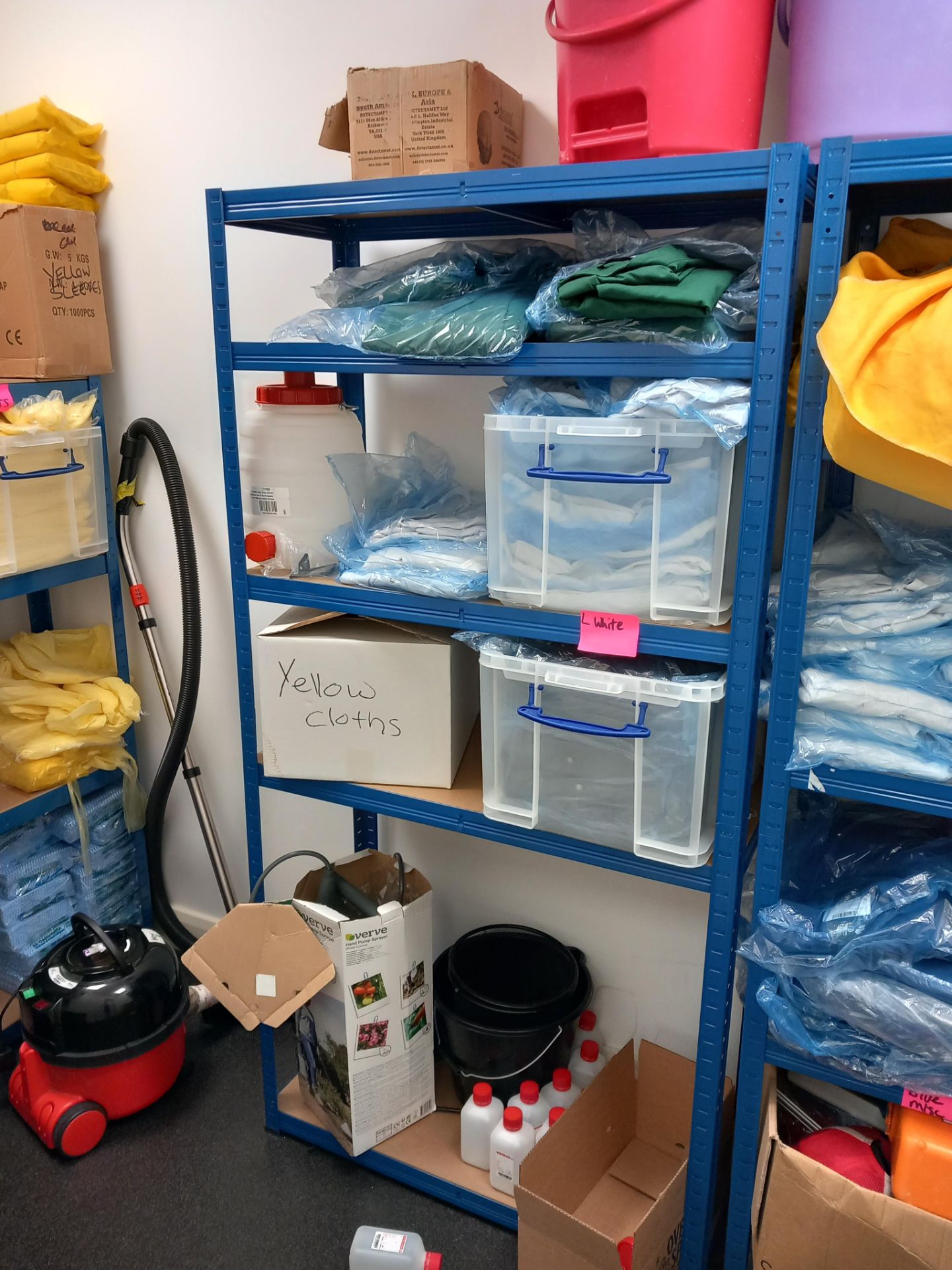 Contents to cleaning store room to include vacuum, aprons, hair nets, buckets, wipes, cloths etc. - Image 3 of 4