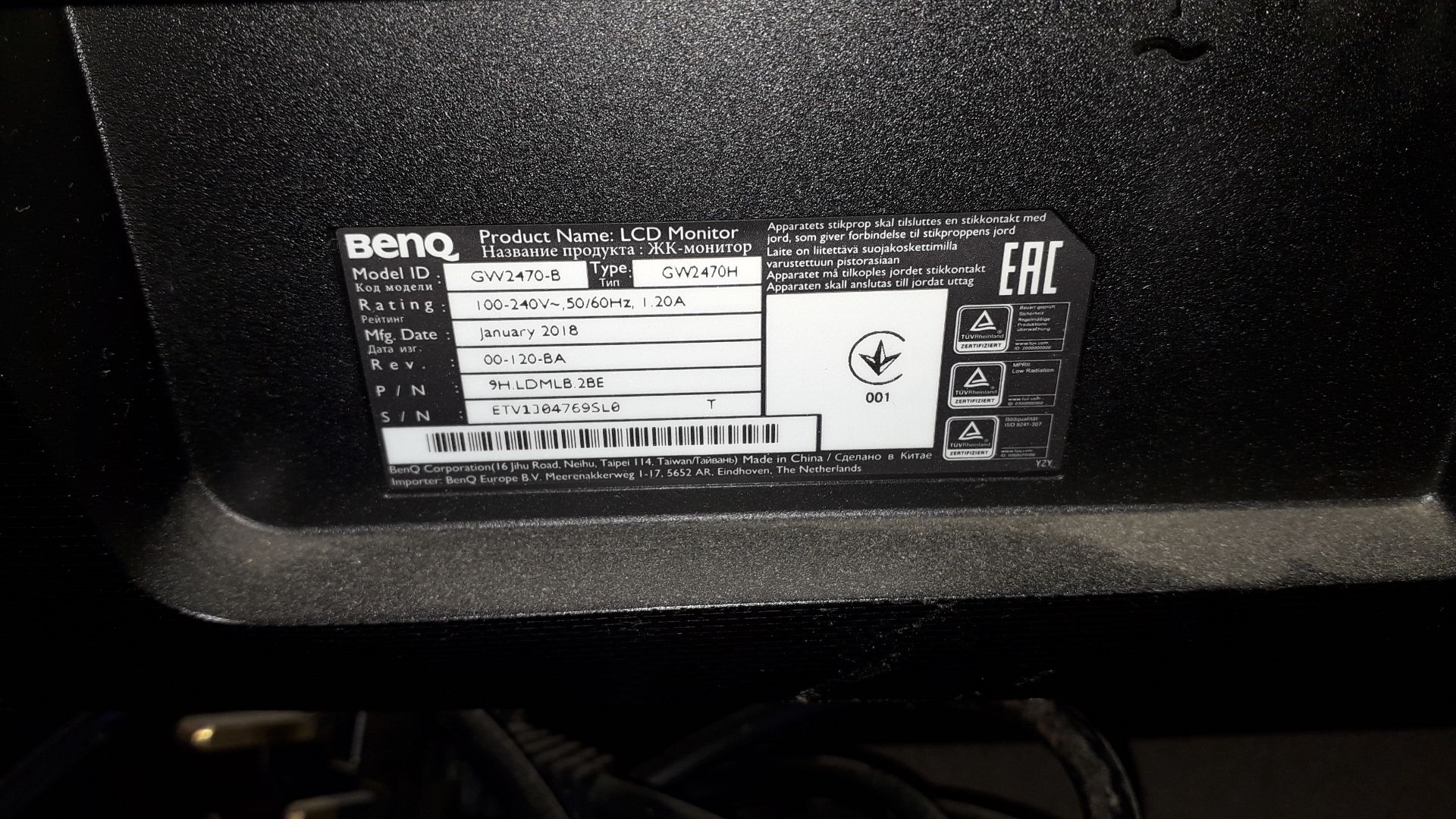 2 x BenQ GW2470-B 24" LCD Monitor, (May 2018) S/N ET85J04727SL0 - Image 3 of 3