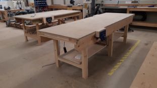 2x Timber Workbenches with Vice and Storage Under, (1 Approx 3m x 1m and 1 Approx 2.5m x 1m)-