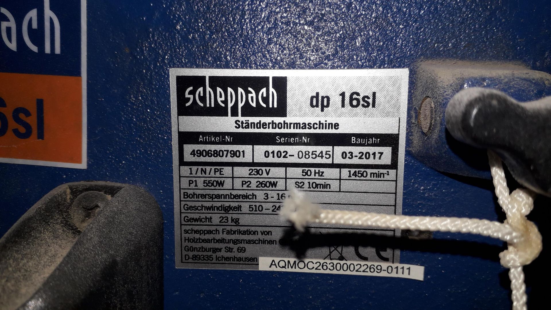 Scheppach DP16SL Bench Pillar Drill, (2017) S/N 0102-08545 240v - Located on 1st Floor - Image 2 of 4