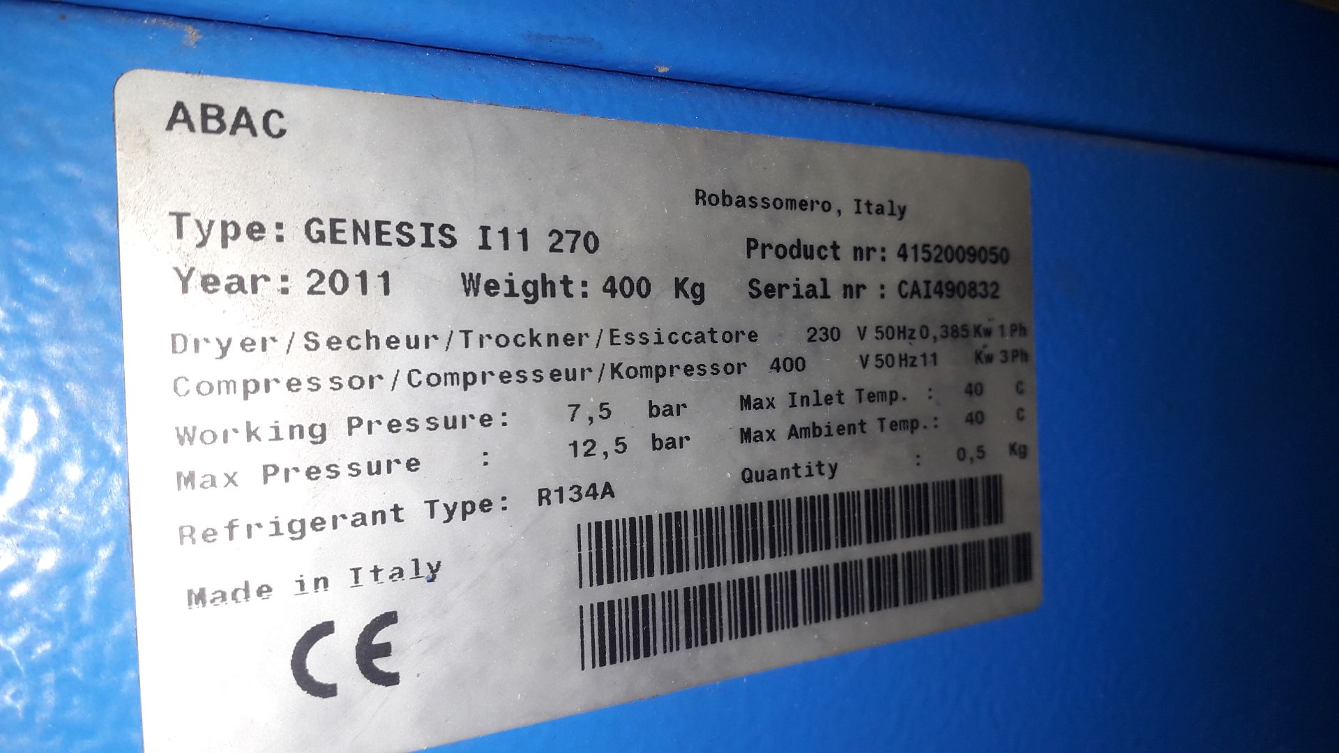 ABAC Genesis 11-270 270 Litre Screw Air Compressor, (2011) S/N CAI490832 – To Be Disconnected by a - Image 3 of 3