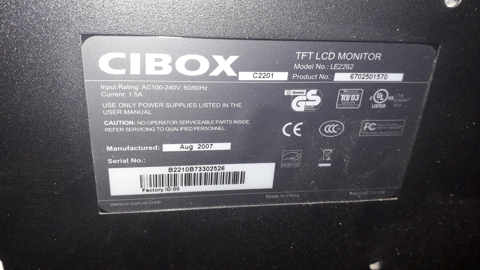 CIBOX LE2262 22" LCD Monitors (2007) - Located on 1st Floor - Image 2 of 3