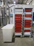 2x Syspal Aluminium Trolleys 480 x 630 x 1720mm with plastic trays and 5x flour bins