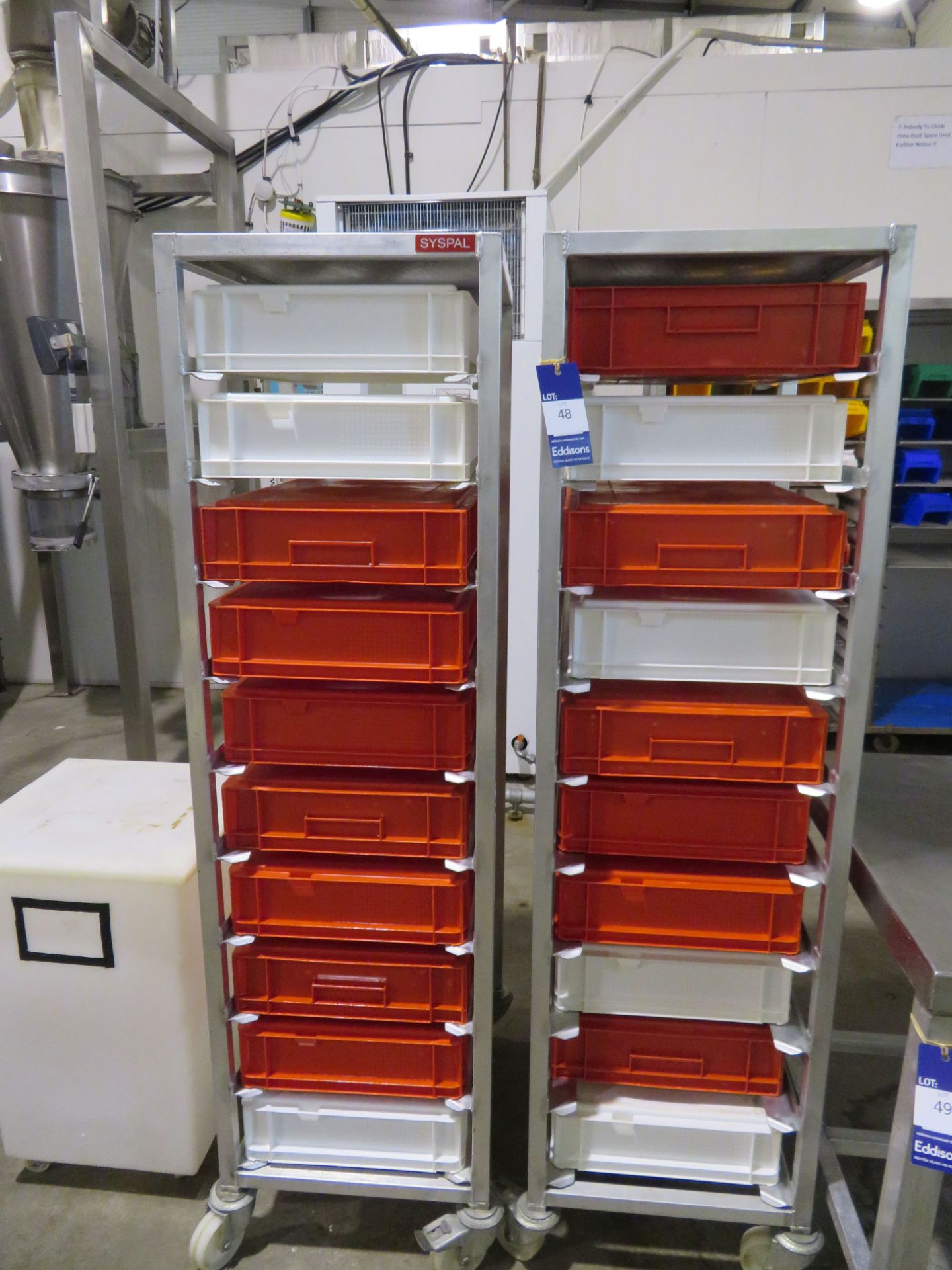 2x Syspal Aluminium Trolleys 480 x 630 x 1720mm with plastic trays and 5x flour bins - Image 2 of 2