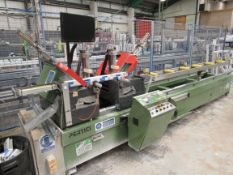 Pertici twin head mitre saw, with roller outfeed,