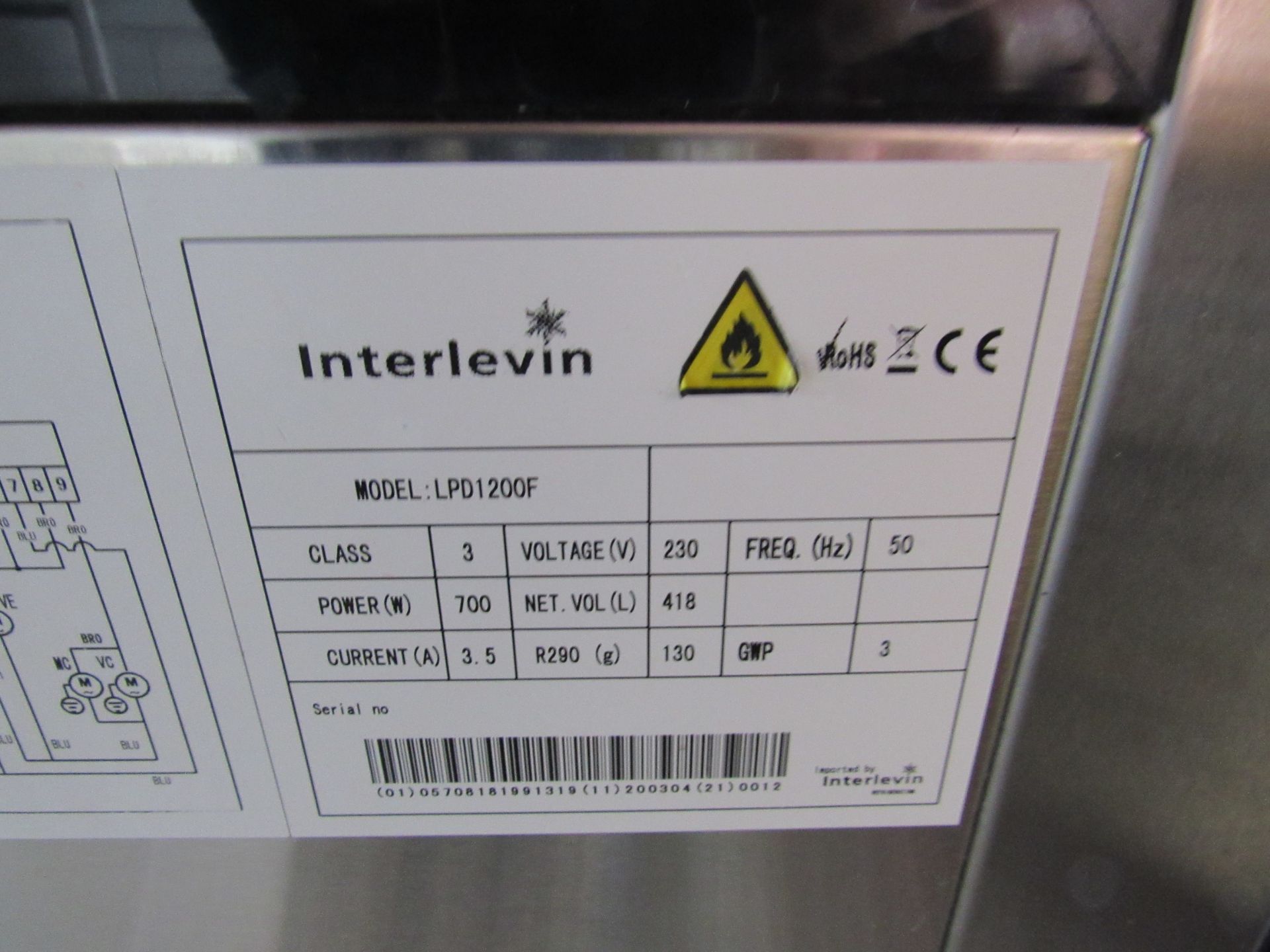 Interlevin LPD1200F glass chiller display chiller- 3 shelf- 1.25x 0.75x0.75m. - Image 3 of 6