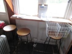 3 Bar stools, round wooden seats on steel frame