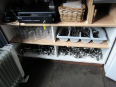 Quantity of various cutler, crockery, glasses and Stainless steel tea pots, Approx. 60no tea cups/