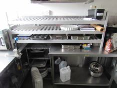 Stainless steel prep table, shelf unit and quantity of assorted cooking and baking trays