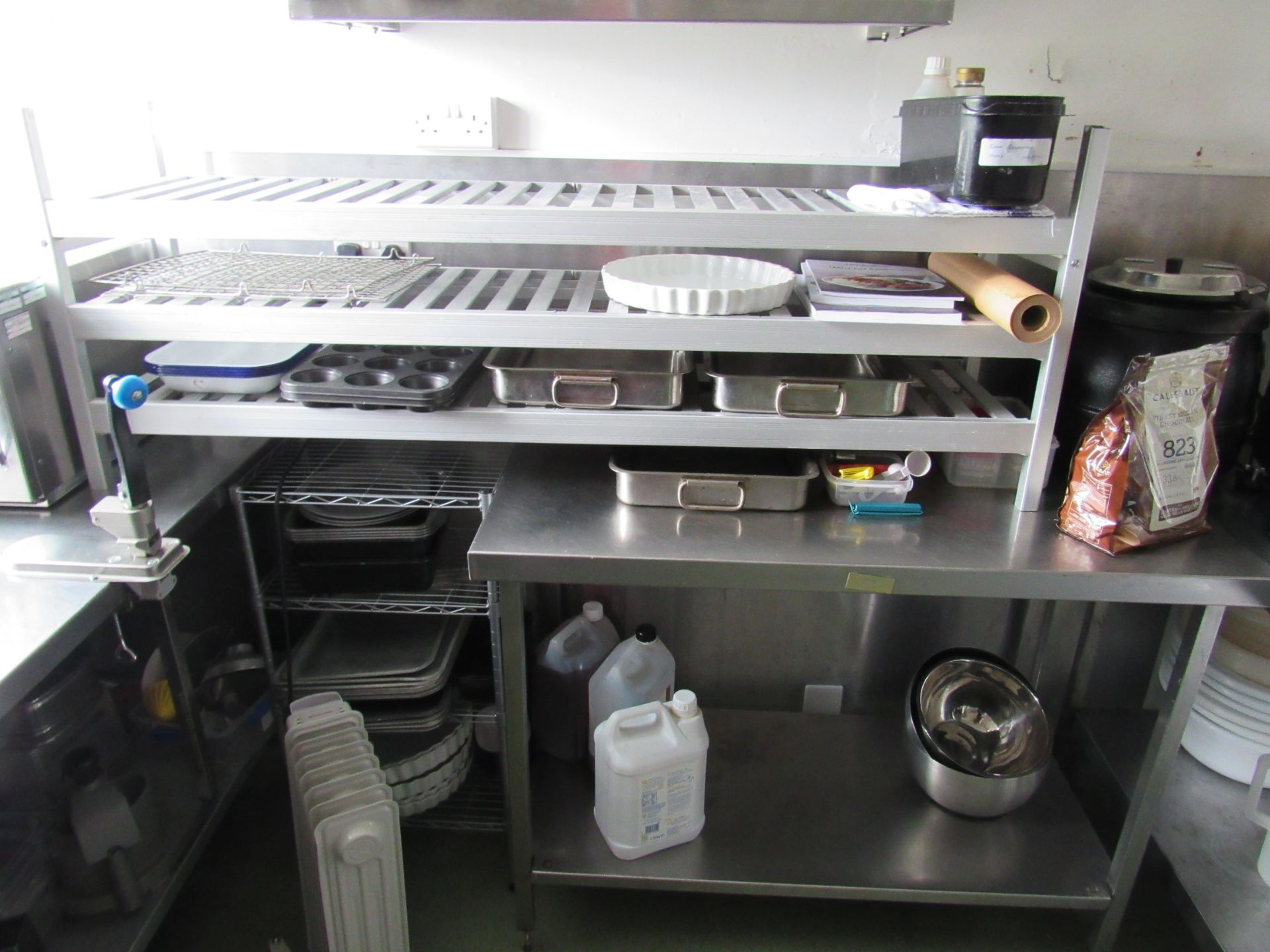 Stainless steel prep table, shelf unit and quantity of assorted cooking and baking trays - Image 2 of 2