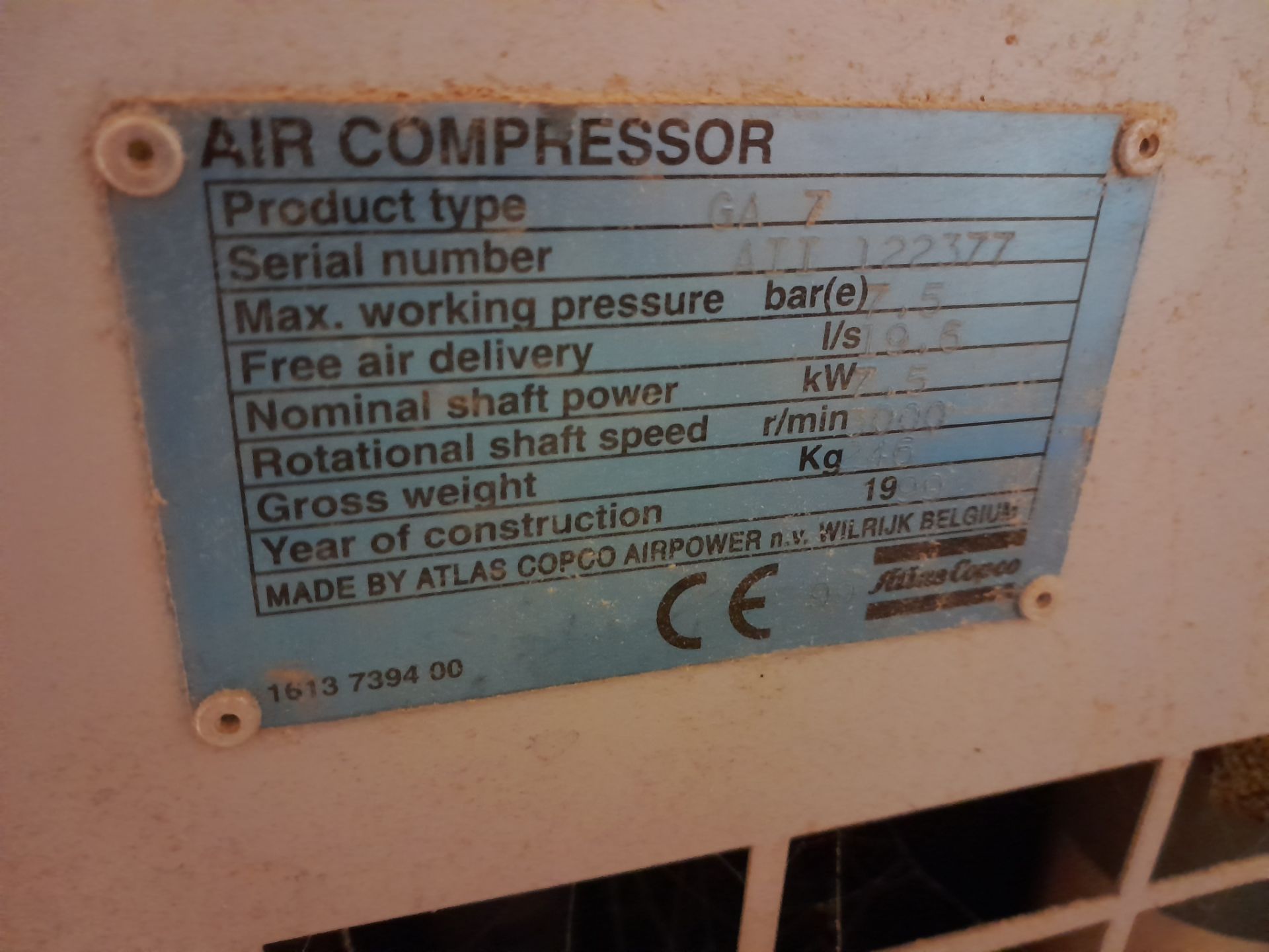 Atlas Copco GA-7 Compressor 1999, S/N ATT12237I, N - Image 6 of 6