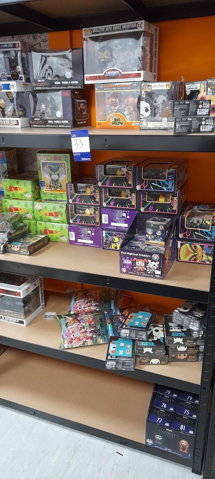 Contents of 2 x bay of racking to include Funko POP figures & pins – Marvel, Dragonball2 Z, Star