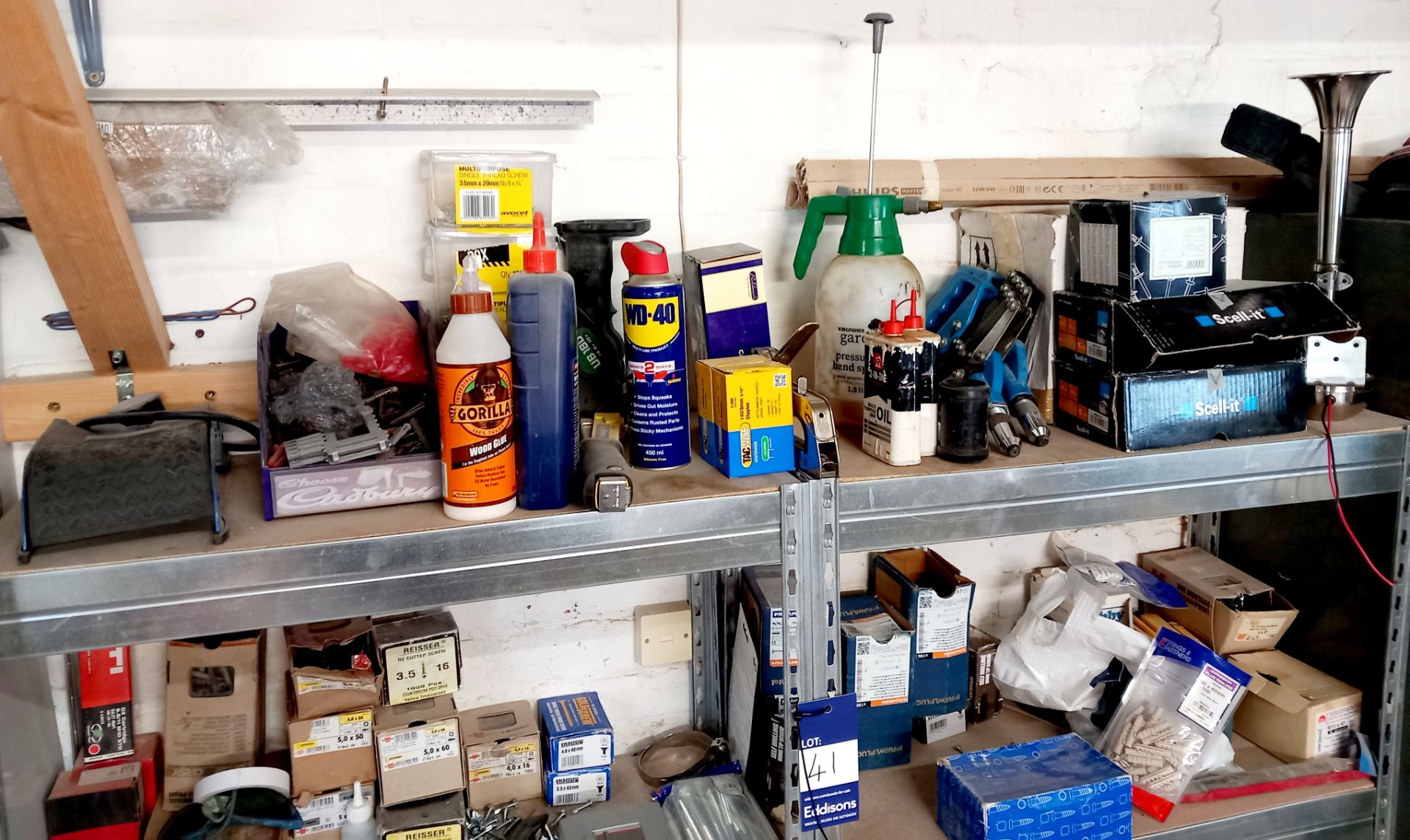 Quantity of various hand tools, screws, drill bits, glues etc to 2 x light duty shelving units ( - Image 2 of 4