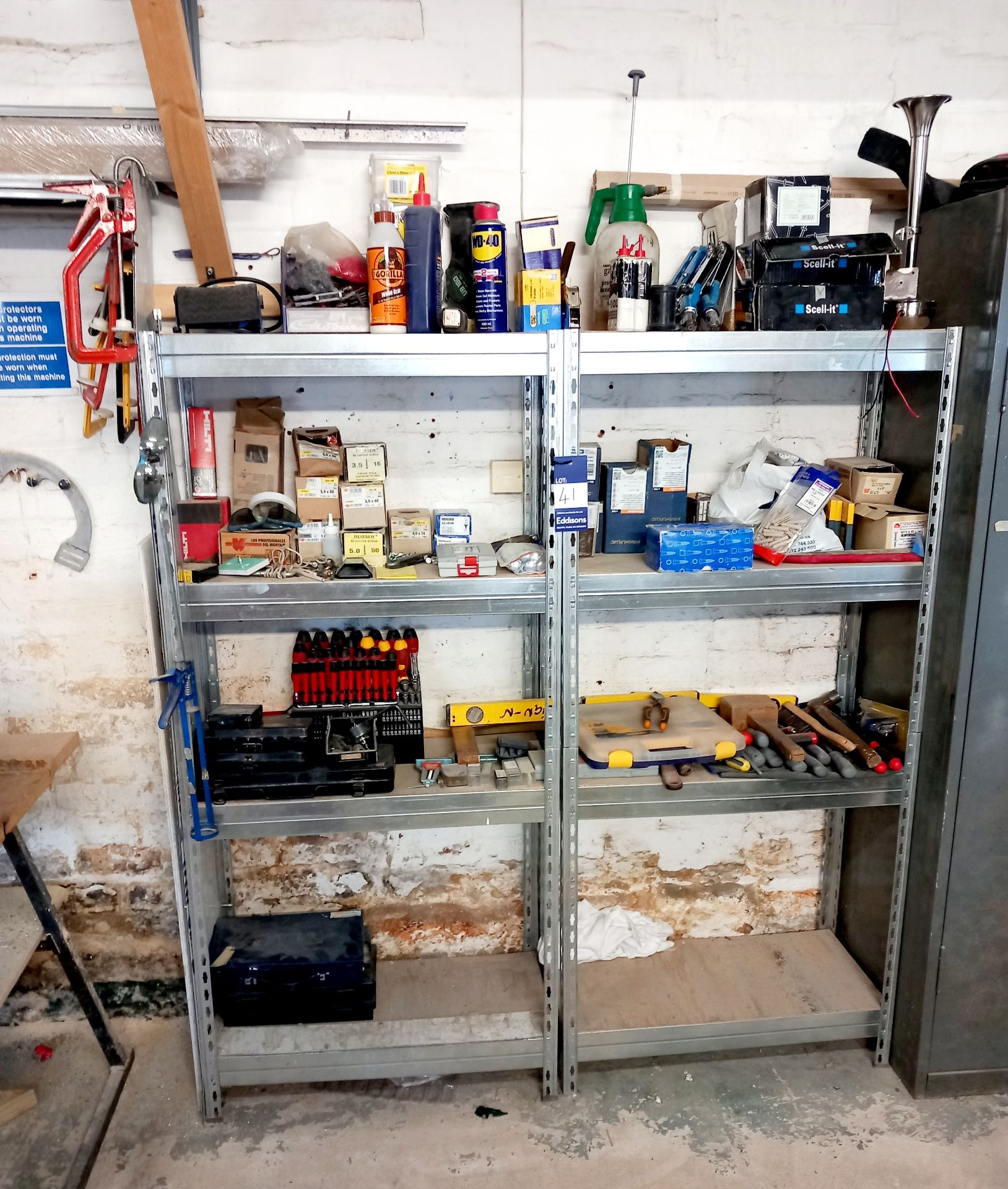 Quantity of various hand tools, screws, drill bits, glues etc to 2 x light duty shelving units (
