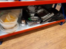 Contents to bottom shelf of racking, to include various catering accessories (trays, pots, etc), and