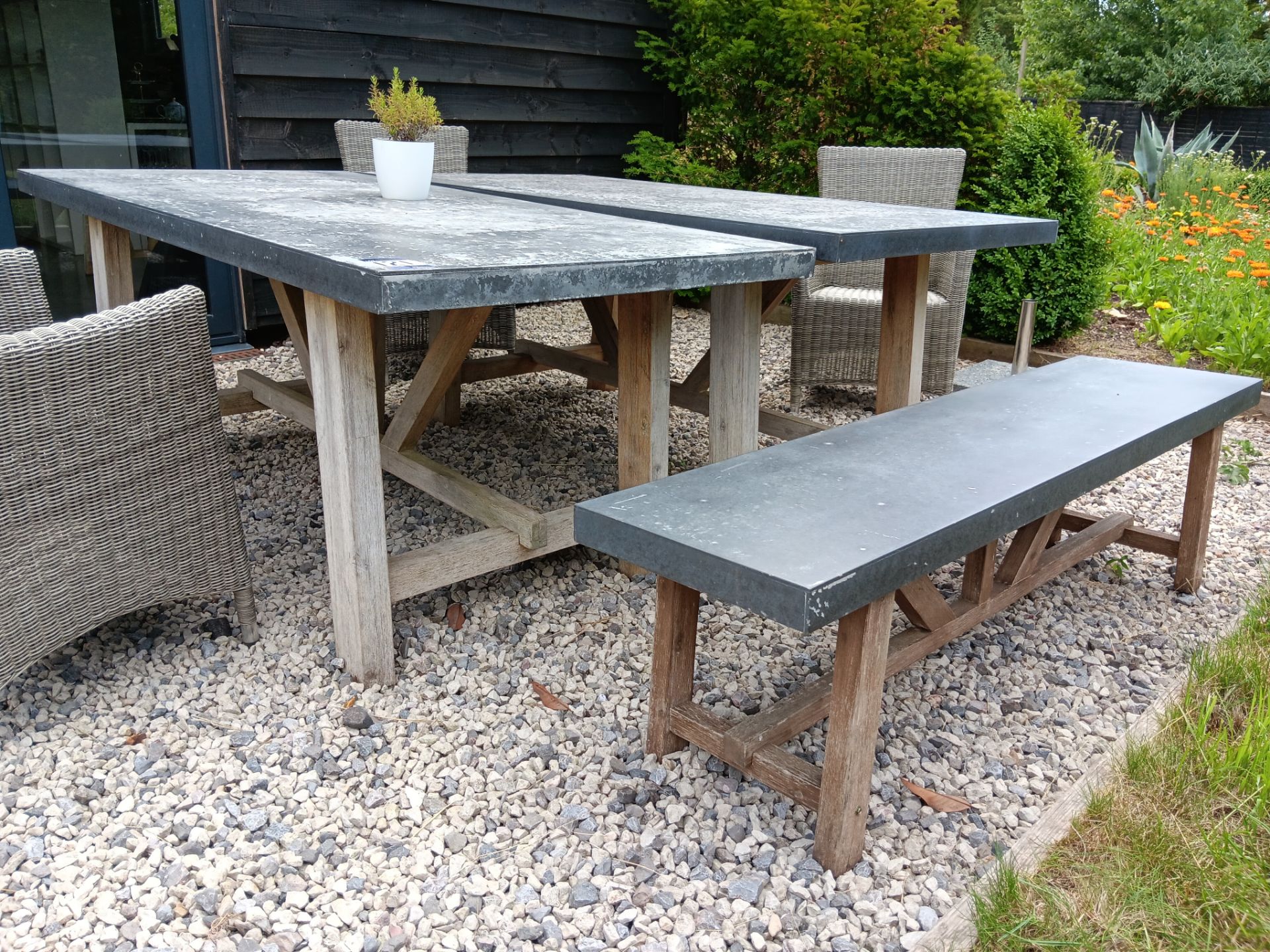 2x galvanised steel effect tables with 1 bench and 4x wicker effect chairs approx. 180cm x 90cm – - Image 2 of 3