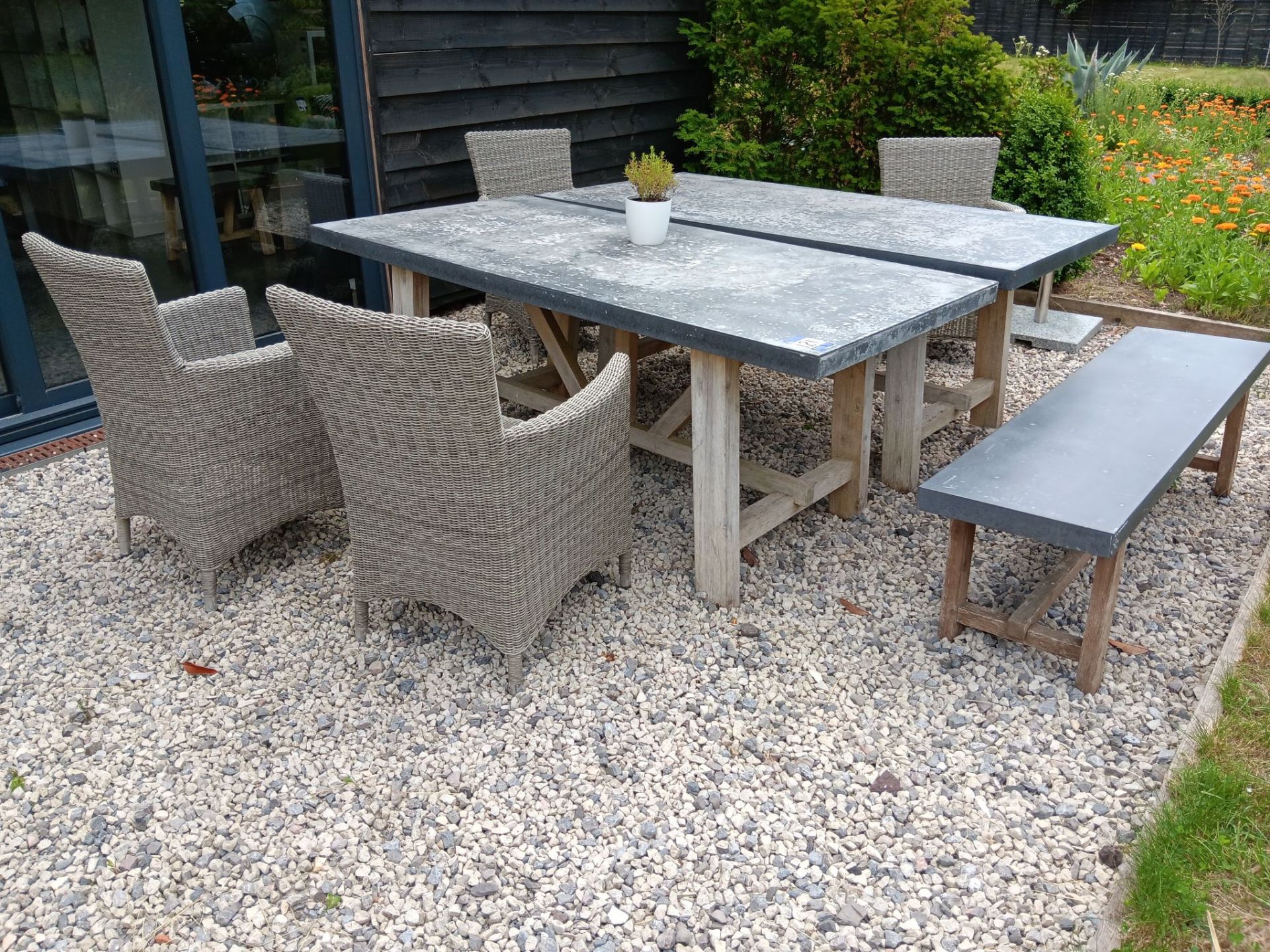 2x galvanised steel effect tables with 1 bench and 4x wicker effect chairs approx. 180cm x 90cm –