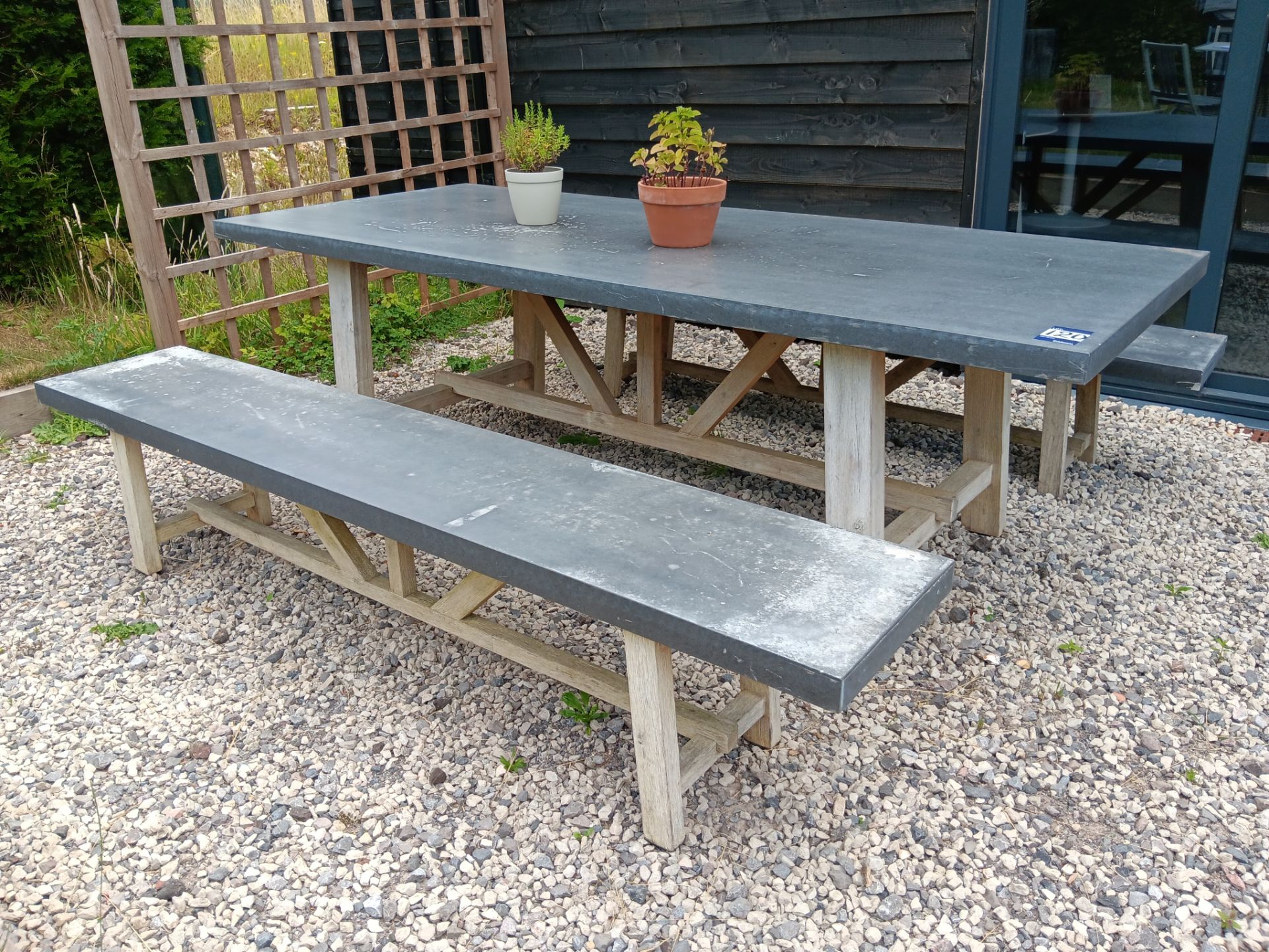 Galvanised steel effect table with 2 benches approx. 240cm x 100cm – allen key required to dismantle - Image 2 of 2