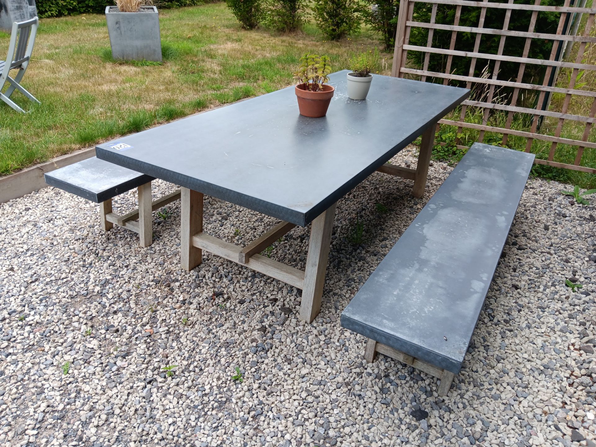 Galvanised steel effect table with 2 benches approx. 240cm x 100cm – allen key required to dismantle