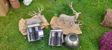 2 x Grey wash decorative stags, 4 x stag etched wine glasses & decorative bowl