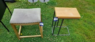 Cloth topped wooden stool & wooden sideboard with metal frame