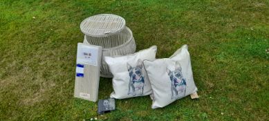 2 x “Frenchie” watercolour cushions, 1 x large distressed white basket & double rope shelf kit & 4 x