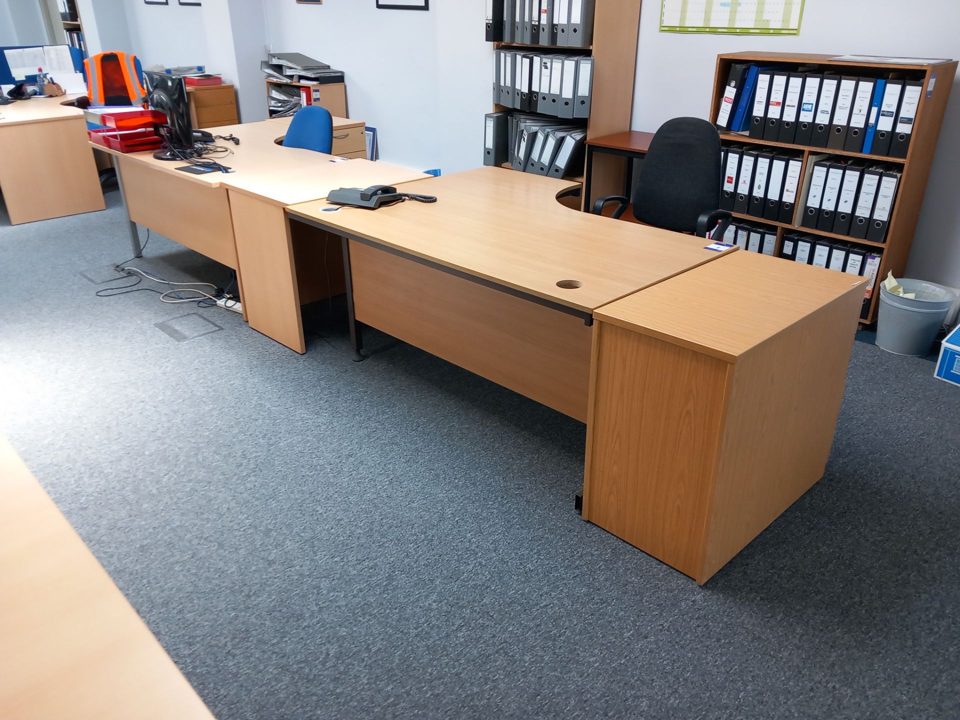 3 x Workstations to include 3 x various curved single person desks, 3 x pedestals, 3 x office