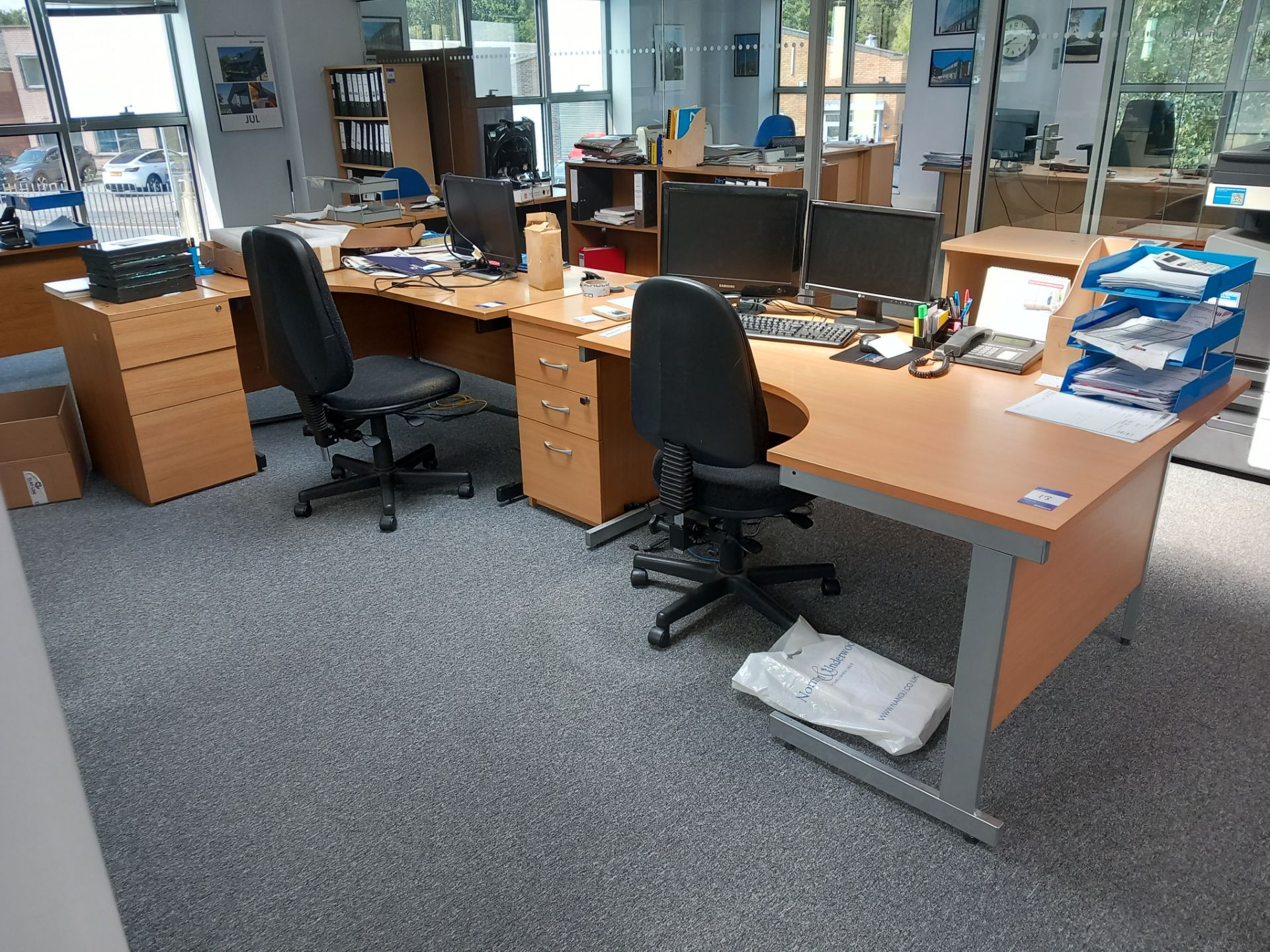 2 x Workstations to include 2 x curved single person cantilever desks, 2 x drawers, 2 x office