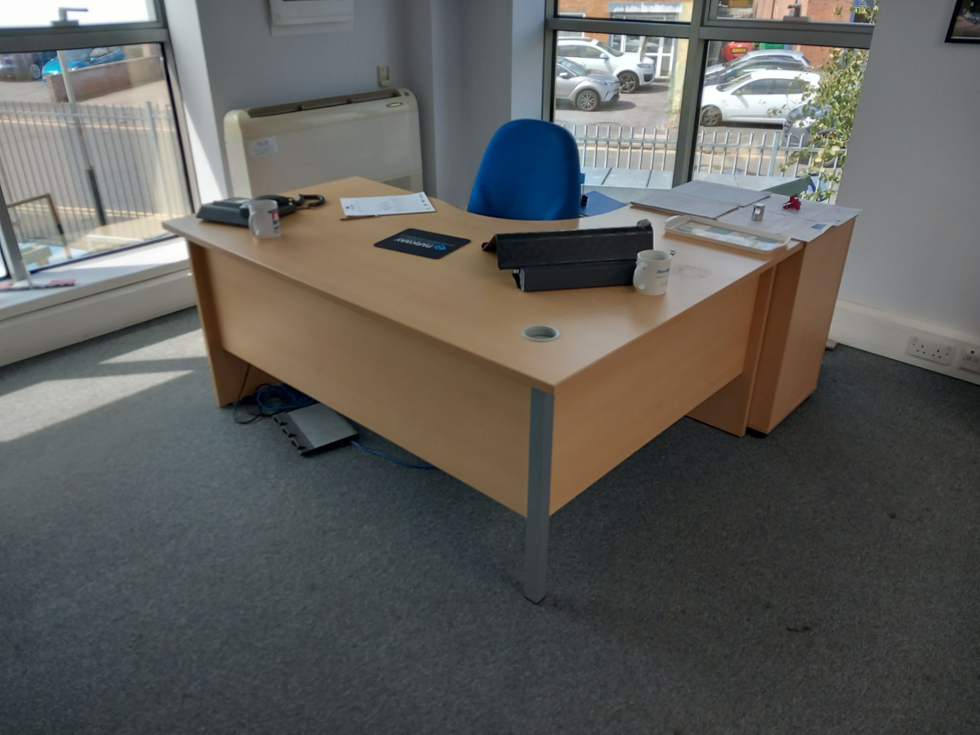 Contents of room to include 2 x curved single person desks, 2 x pedestals, 2 x office chairs, 3 x